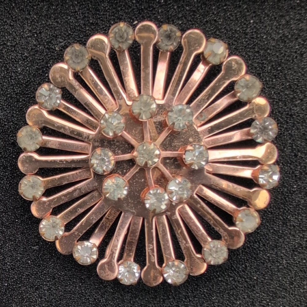 Vintage Clear Starburst Rhinestone Brooch in Rose Gold Plated